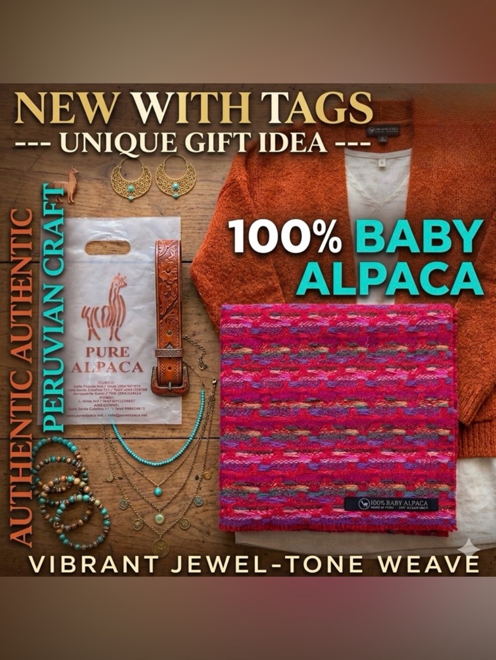 NWT PURE ALPACA Peru Woven Scarf 100% Baby Alpaca Wool Jewel Tone Fringe